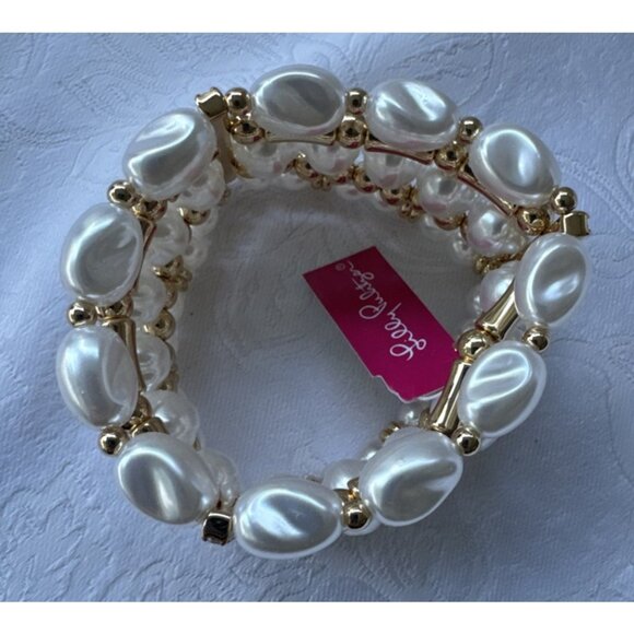 Lilly Pulitzer CZ Cuff Bracelet Gold-tone Rhinestone Faux Pearls Stretch NWT - Picture 7 of 12
